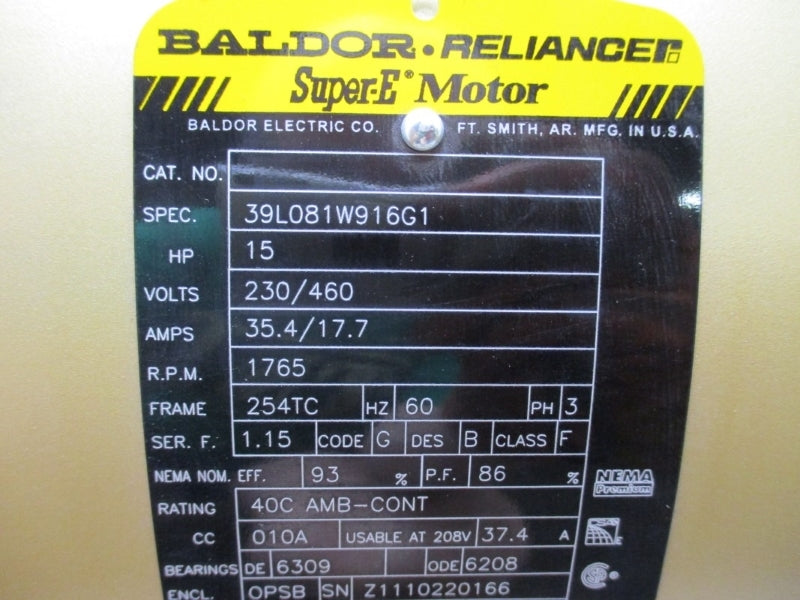 BALDOR M0T14198 15 HP 254TC 1765 RPM 230/460V 35.4/17.7A NSMP