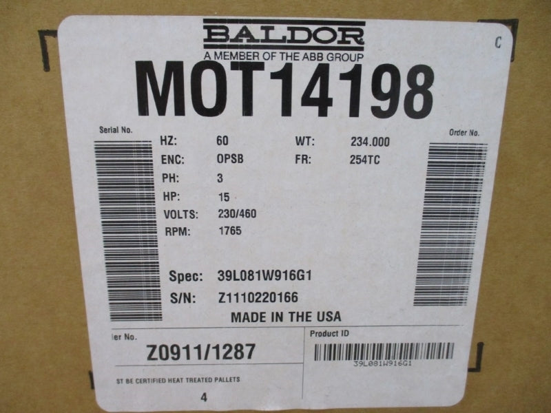 BALDOR M0T14198 15 HP 254TC 1765 RPM 230/460V 35.4/17.7A NSMP