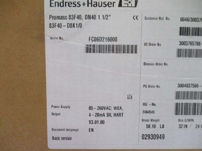 ENDRESS+HAUSER 83F40-D8K1/0 85-260VAC 600PSI 1-1/2" NSMP