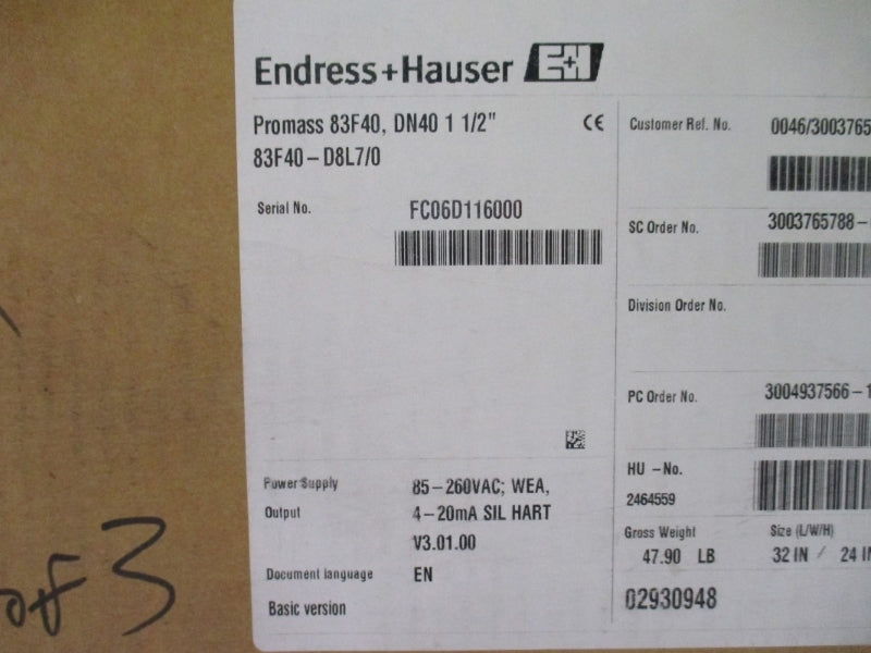 ENDRESS+HAUSER 83F40-D8L7/0 85-260VAC 600PSI 1-1/2" NSMP
