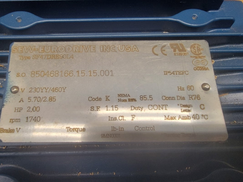 SEW EURODRIVE SF47DRE90L4 230/460V 5.70/2.85A NSMP