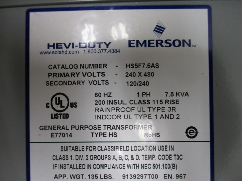 HEVI-DUTY EMERSON HS5F7-5AS 240/480V NSMP