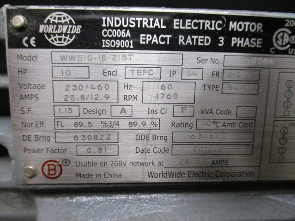 WORLDWIDE ELECTRIC WWE10-18-215T 230/460V 25.8/12.9A NSMP