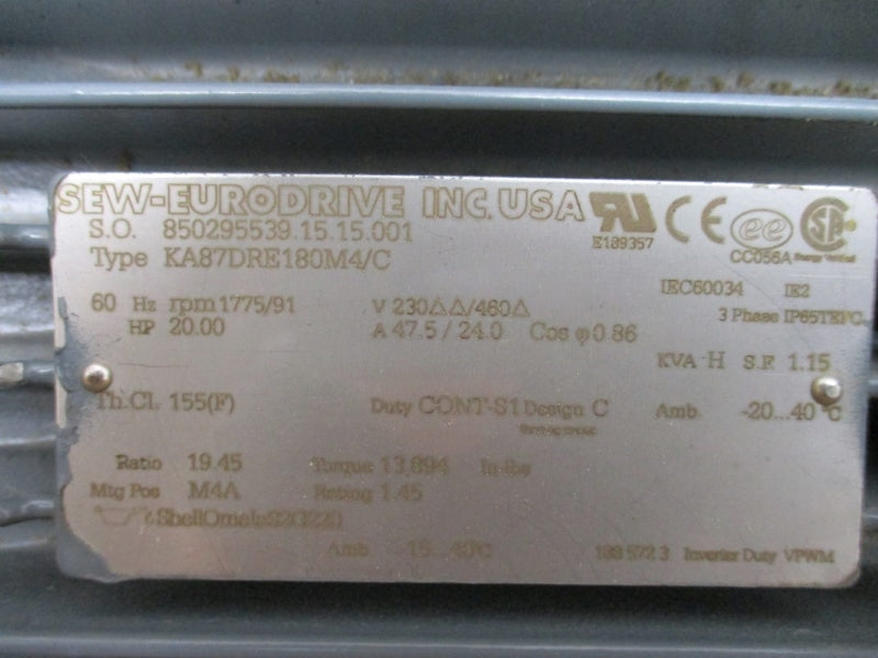 SEW EURODRIVE KA87DRE180M4/C 230/460V 47.5/24.0A NSMP