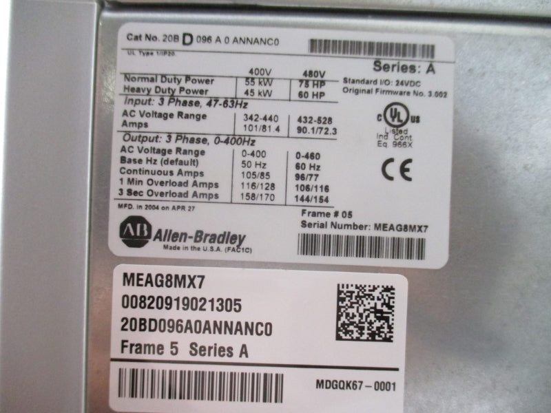 ALLEN BRADLEY 20BD096A0ANNANC0 SER. A F/W 3.002 480VAC 96A NSMP