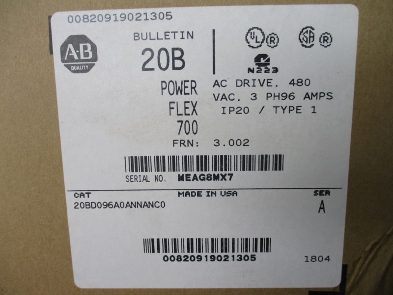 ALLEN BRADLEY 20BD096A0ANNANC0 SER. A F/W 3.002 480VAC 96A NSMP