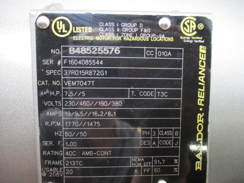 BALDOR VEM7047T 7.5 HP EXPLOSION PROOF 230/460//190/380V 19/9.5//16.2/8.1A NSNP