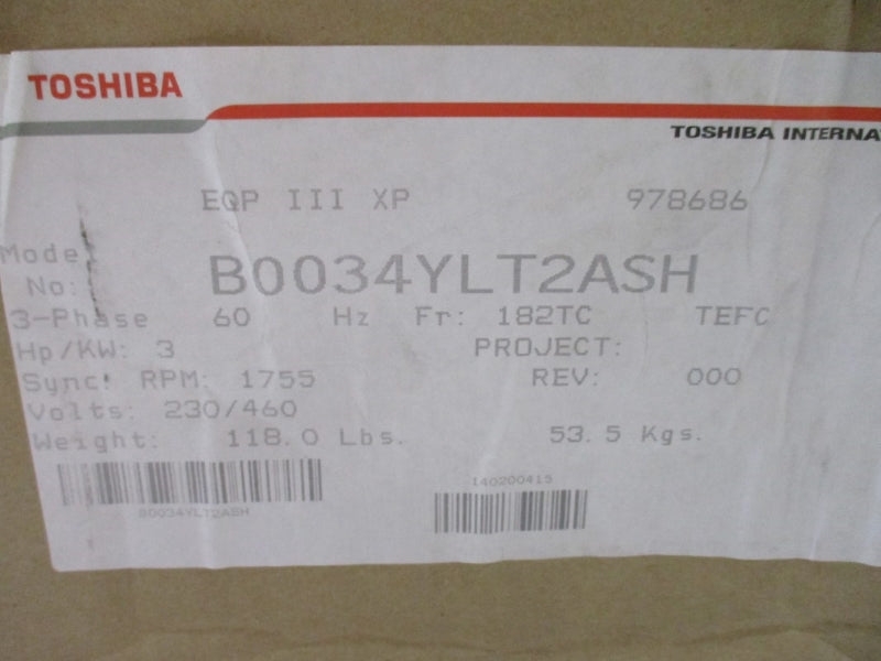 TOSHIBA B0034YLT2ASH 230/460V 7.6/3.8A NSMP