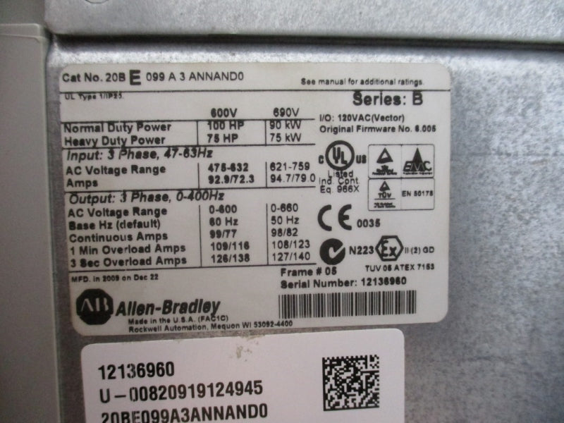 ALLEN BRADLEY 20BE099A3ANNAND0 SER. B F/W 6.005 600VAC 99A NSMP