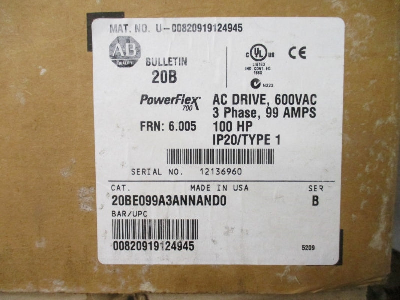 ALLEN BRADLEY 20BE099A3ANNAND0 SER. B F/W 6.005 600VAC 99A NSMP