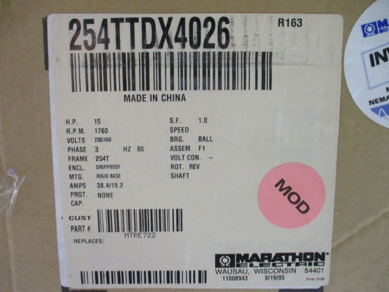 MARATHON 254TTDX4026 15HP 254T 230/460V 38.4/19.2A NSMP