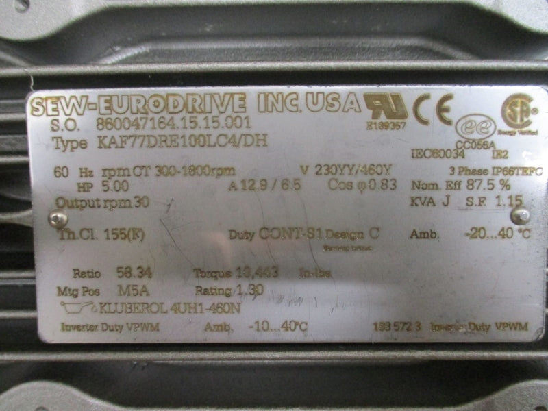 SEW-EURODRIVE KAF77DRE100LC4/DH 230/460V 12.9/6.5A NSMP