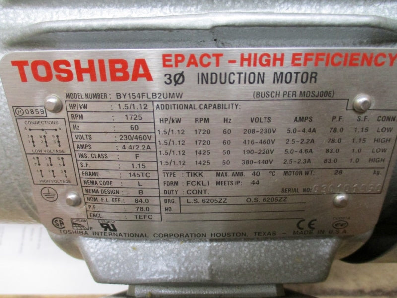 BUSCH RC0025.E506.1001 W/ TOSHIBA BY154FLB2UMW 230/460V 4.4/2.2A NSMP