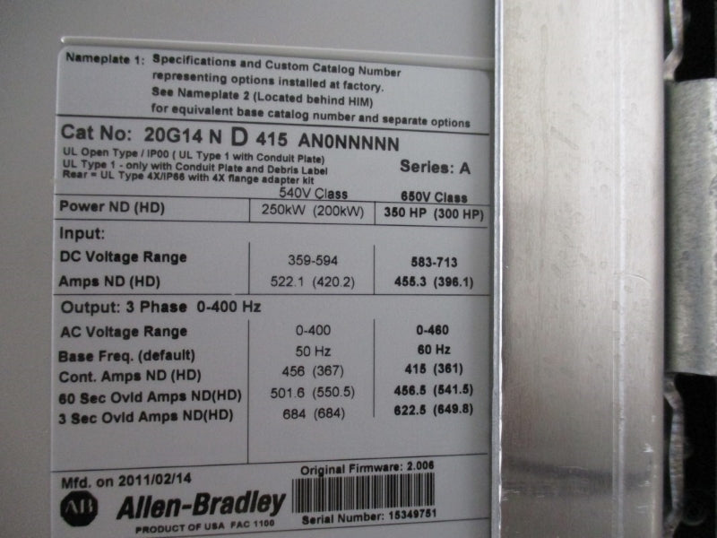 ALLEN BRADLEY 20G14ND415AN0NNNNN SER. A F/W 2.006 650VDC 415A NSMP