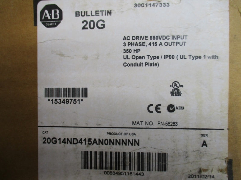 ALLEN BRADLEY 20G14ND415AN0NNNNN SER. A F/W 2.006 650VDC 415A NSMP