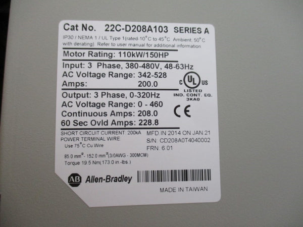 ALLEN BRADLEY 22C-D208A103 SER. A F/W 6.01 380-480VAC 200A REMAN