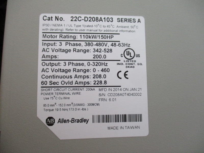 ALLEN BRADLEY 22C-D208A103 SER. A F/W 6.01 380-480VAC 200A REMAN