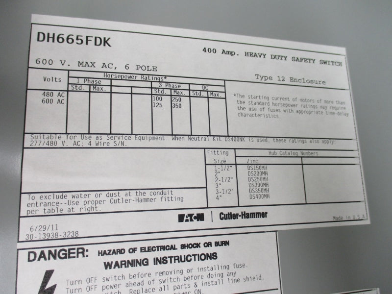 EATON DH665FDK 600VAC 400A NSMP
