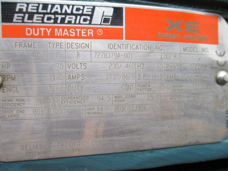 RELIANCE ELECTRIC 75HP 405T 7278379A-001 230/460V 173/86.9A NSNP