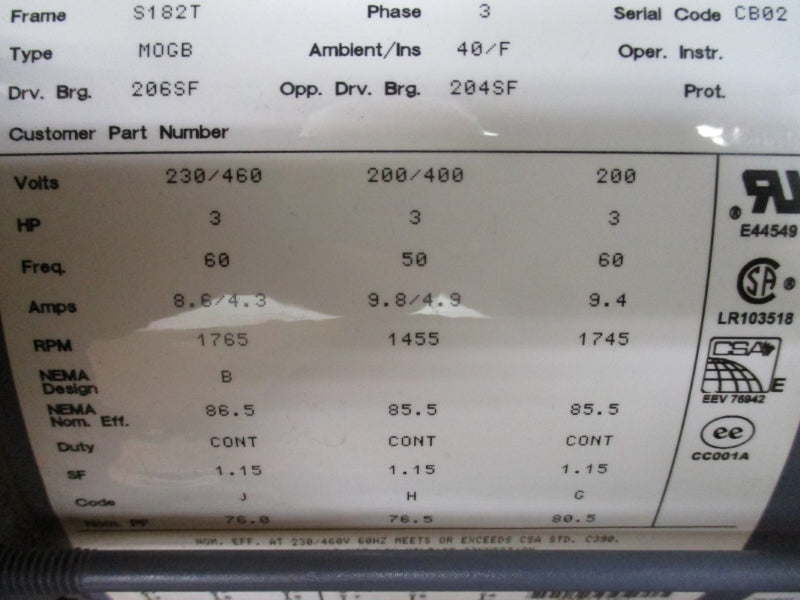 A.O.SMITH 7-850111-01-OJ 230/460V 9.8/4.9A NSMP