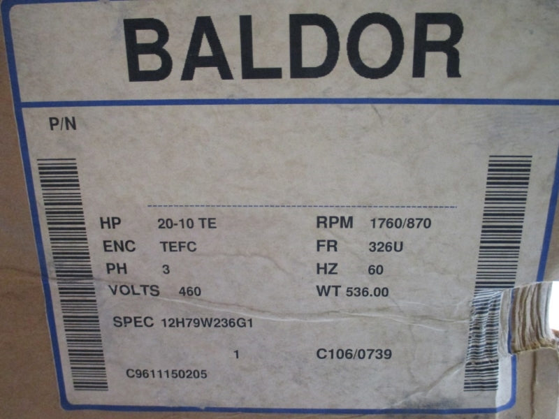BALDOR 326U FRAME 20 HP 12H79W236G1 460V 24/22A NSMP