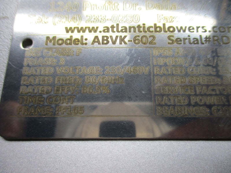 ATLANTIC BLOWERS ABVK-602 230/460V 13.5/7.80A NSNP