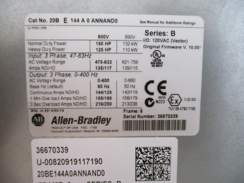 ALLEN BRADLEY 20BE144A0ANNAND0 SER. B F/W 10.001 600VAC 144A NSMP