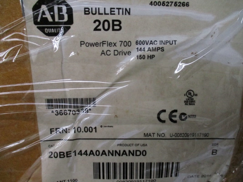 ALLEN BRADLEY 20BE144A0ANNAND0 SER. B F/W 10.001 600VAC 144A NSMP