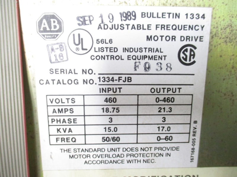 ALLEN BRADLEY 1334-FJB 460V 21.3A NSNP