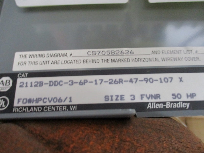 ALLEN BRADLEY SIZE 3 MCC BUCKET 2112B-DDC-3-6P-17-26R-47-90-107 SER. X 110/115-120V NSMP