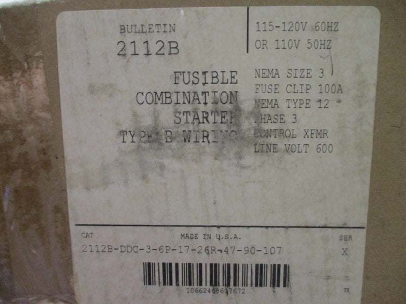 ALLEN BRADLEY SIZE 3 MCC BUCKET 2112B-DDC-3-6P-17-26R-47-90-107 SER. X 110/115-120V NSMP