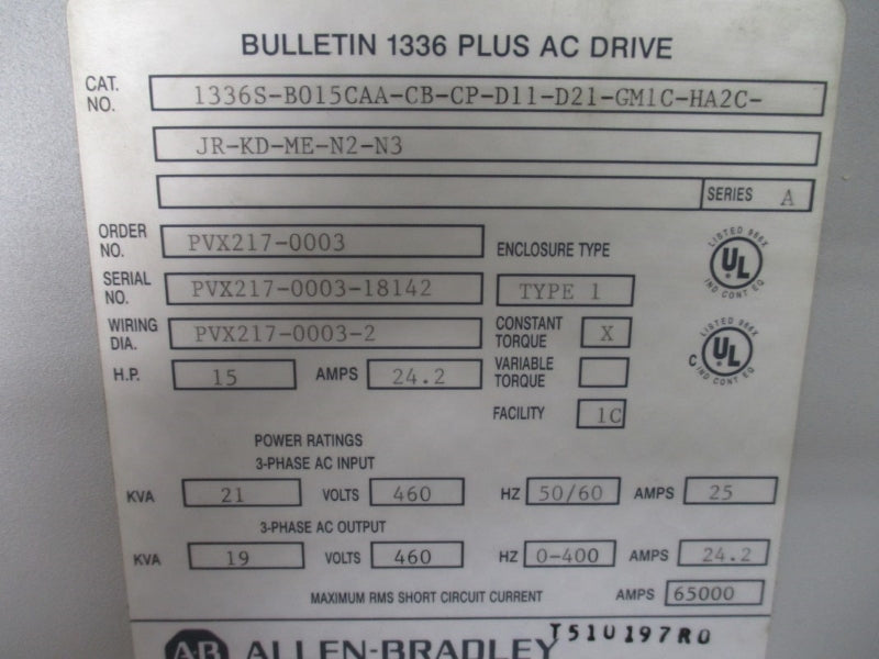 ALLEN BRADLEY 1336S-B015CAA-CB-CP-D11-D21-GM1C-HA2C-JR-KD-ME-N2-N3 SER. A 460V 25A NSNP