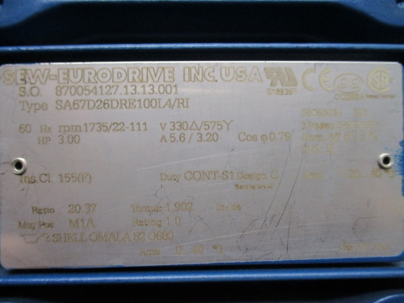 SEW-EURODRIVE SA67D26DRE100L4/RI 330/575V 5.6/3.20A NSNP
