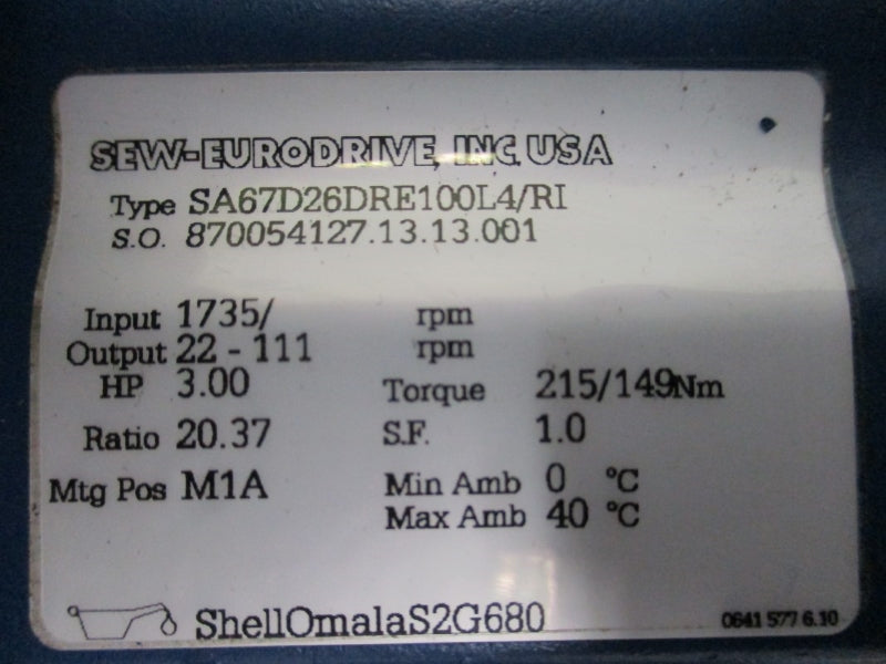 SEW-EURODRIVE SA67D26DRE100L4/RI 330/575V 5.6/3.20A NSNP