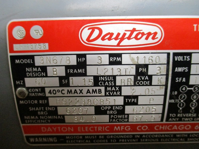 DAYTON 3N678 213T 3HP 200-230/460V 10.6-10.4/5.2A NSMP