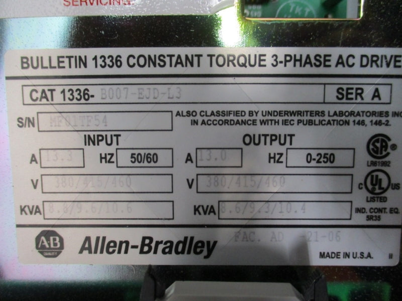 ALLEN BRADLEY 1336-B007-EJD-LE SER. A 380/415/460V 13.3A NSNP