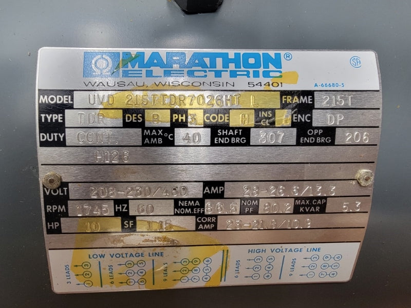 MARATHON ELECTRIC UVD215TTDR7026HTL 10 HP 215T 208-230/460V 28-26.6/13.3A NSMP
