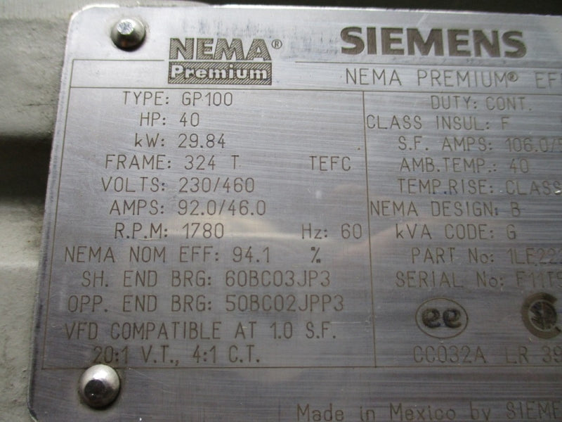 SIEMENS GP100 1LE22213AB116AA3 40HP 230/460V 92.0/46.0A NSNP