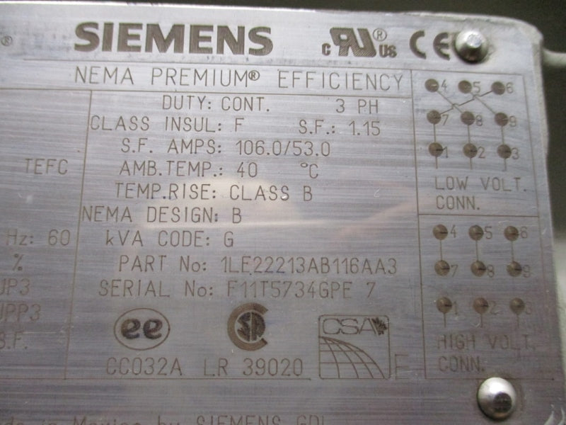 SIEMENS GP100 1LE22213AB116AA3 40HP 230/460V 92.0/46.0A NSNP