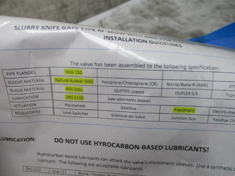 RF KNIFE GATE 10" 10 INCH VALVE RF-SKGW10P150-55 NSNP