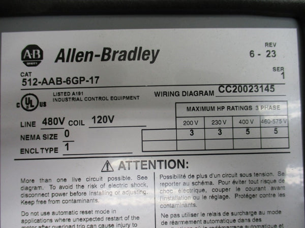 ALLEN BRADLEY 512-AAB-6GP-17 SER. 1 120V NSNP