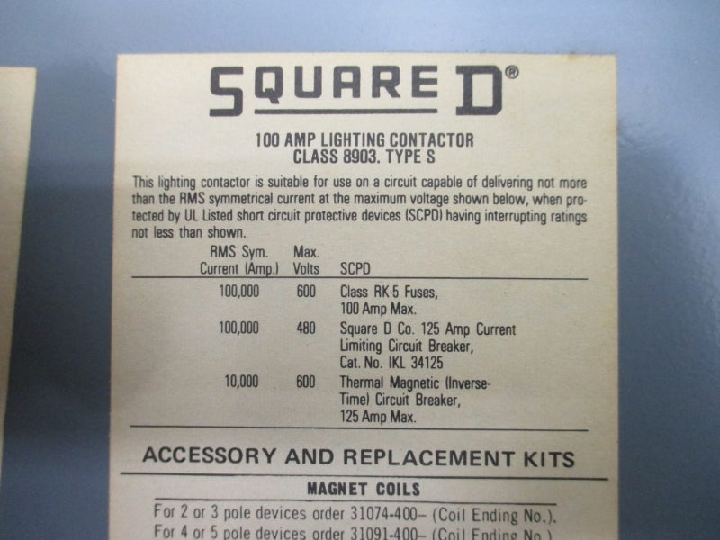 SQUARE D 8903SQH3 SER. A 600VAC 100A NSNP