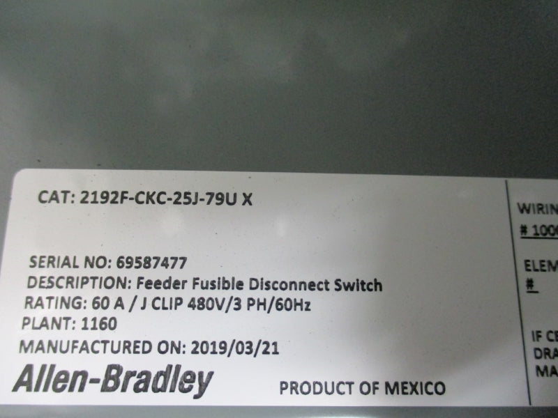 ALLEN BRADLEY 2192F-CKC-25J-79U SER. X 480V 60A NSMP