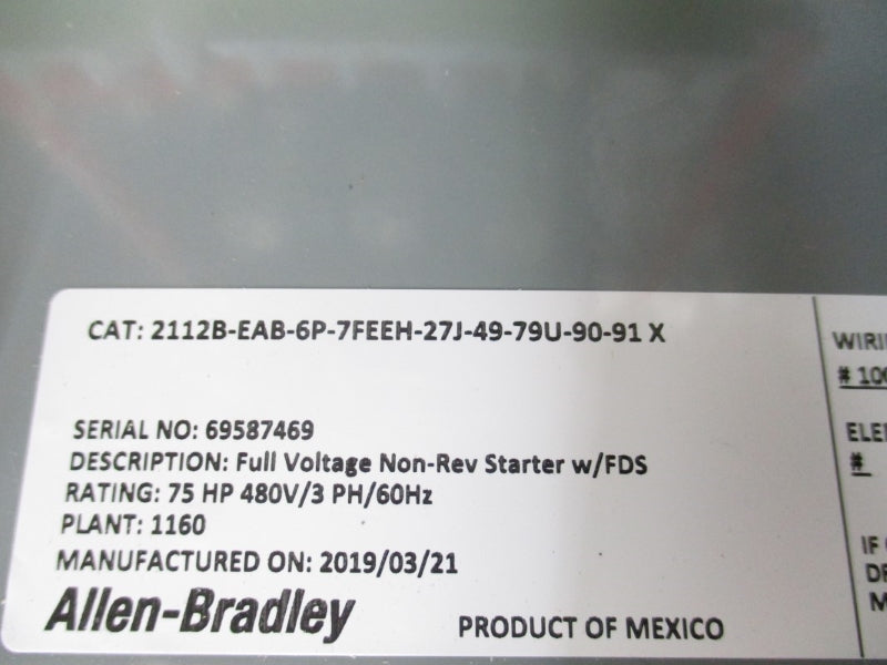 ALLEN BRADLEY 2112B-EAB-6P-7FEEH-27J-49-79U-90-91 SER. X 480V NSMP