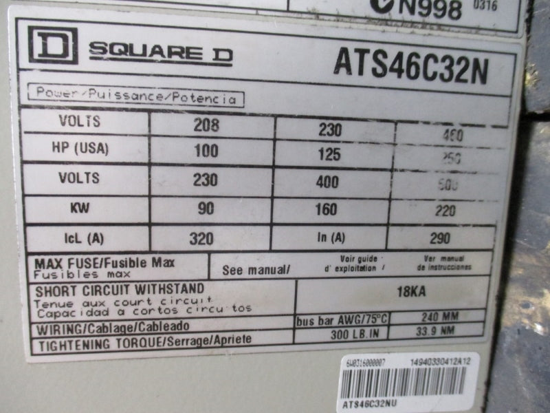 SQUARE D ATS46C32N 460V 320A NSNP