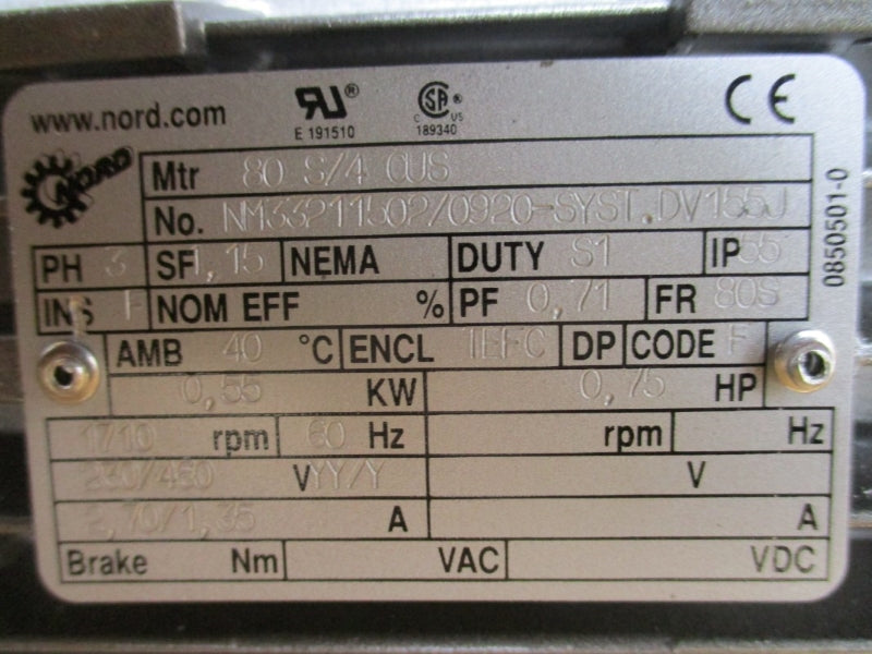 NORD GEAR SK12080VF-80S/4CUS NM33211502/0920-SYST.DV155J 230/460V 2.70/1.35A NSMP