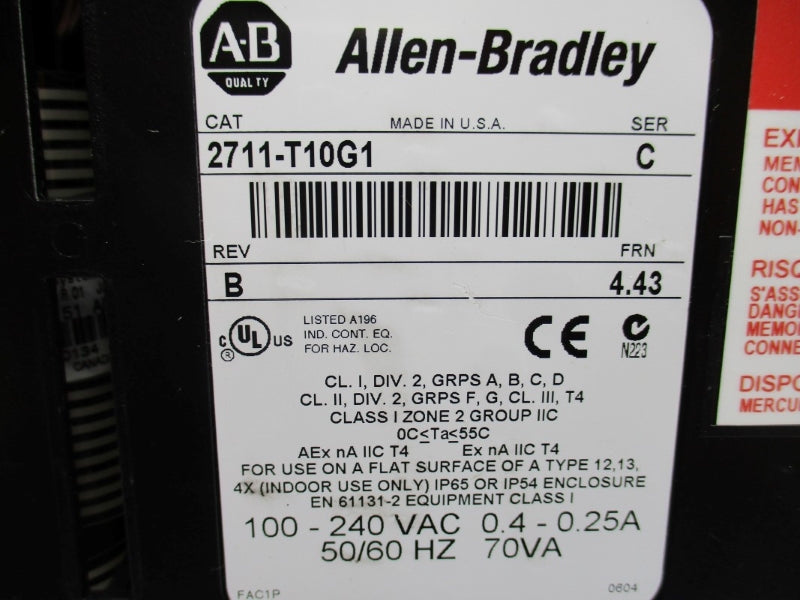 ALLEN BRADLEY 2711-T10G1 SER. C F/W 4.43 100-240VAC 0.4-0.25A NSNP