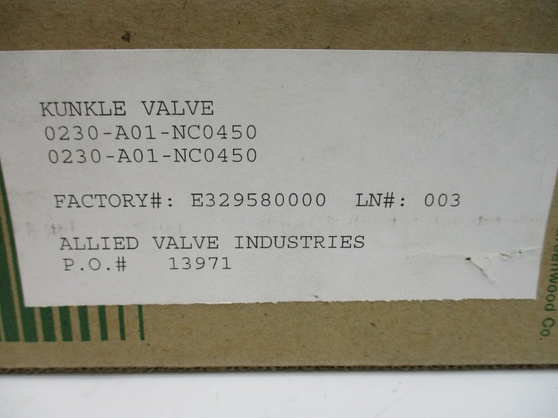 KUNKLE VALVE 0230-A01-NC0450 450PSI 1/4" NSMP
