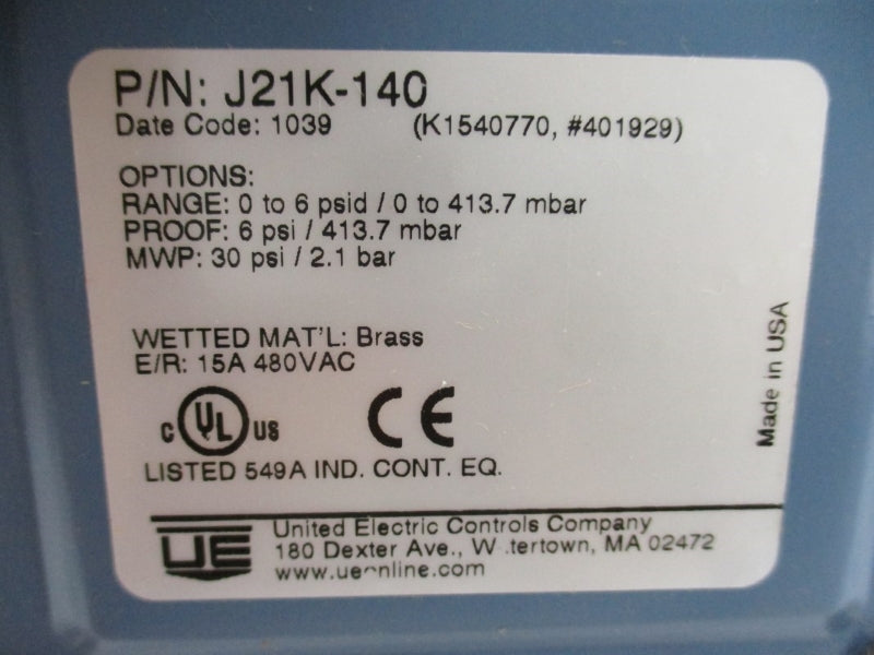 UNITED ELECTRIC CONTROLS J21K-140 480VAC 15A 0-6PSI NSMP