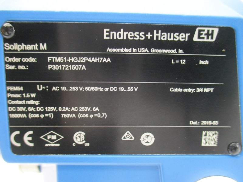 ENDRESS+HAUSER FTM51-HGJ2P4AH7AA 19-253VAC/55VDC 6A 12" NSMP